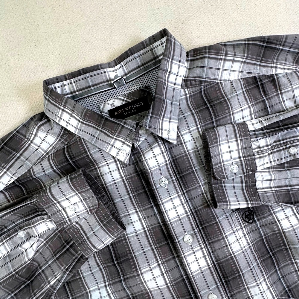 Ariat Pro Series Mens XXL Grey Plaid Long Sleeve Button Down Work Shirt Mesh